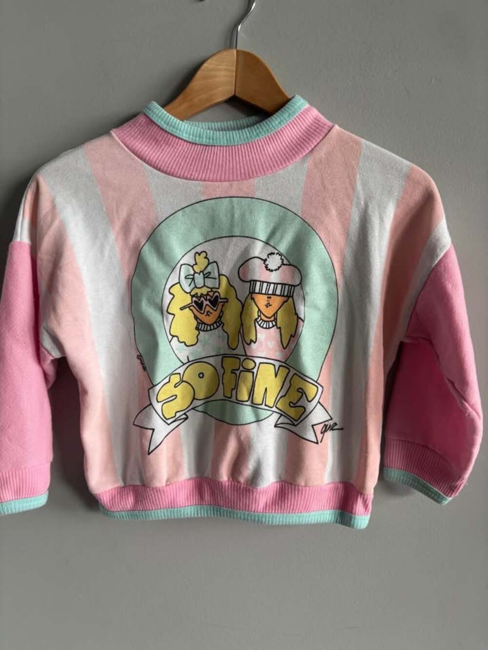 Vintage 80s Hotline Pastel Striped Sweatshirt Size 14 | Kidcore Retro Graphic Pu